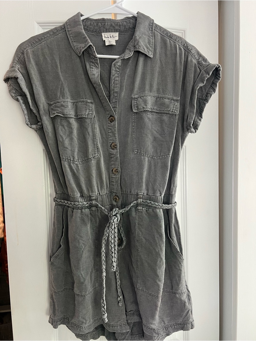 Nicole Miller Washed Gray Utility Jumpsuit with Braided Belt
